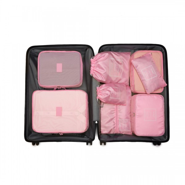 E2019 - Kono 8 Piece Polyester Travel Luggage Organiser Bag Set - Pink